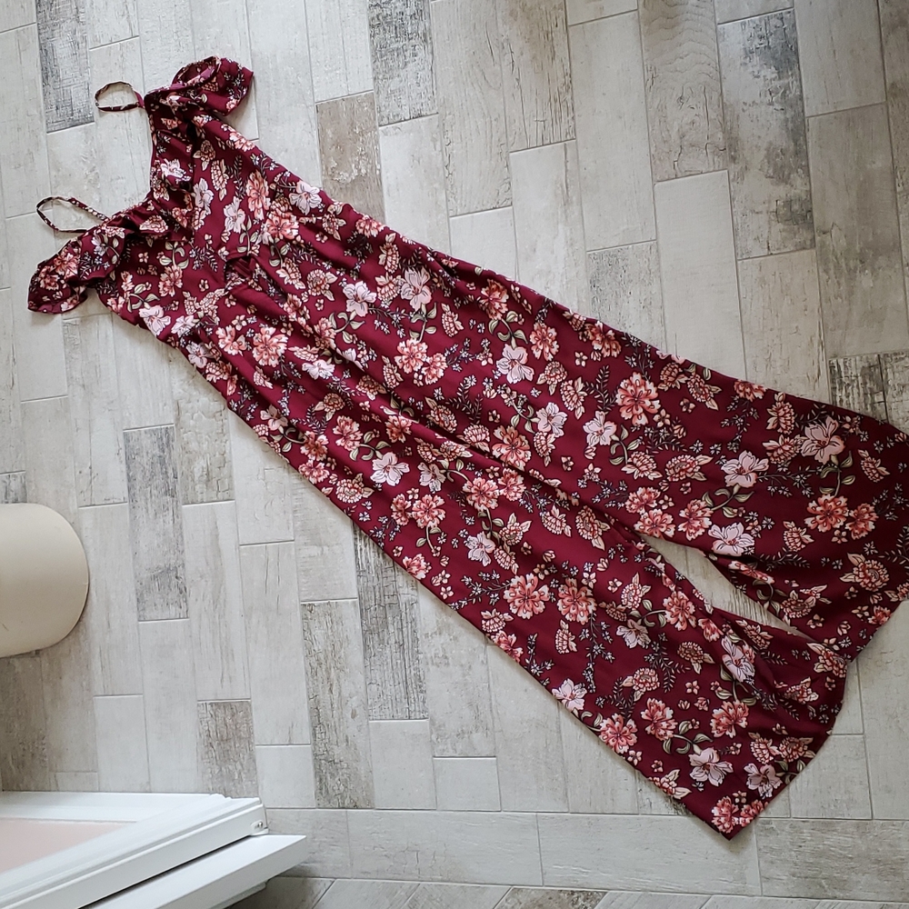 Xhilaration Medium Jumpsuit Romper Pink Floral Burgundy Ruffle Sleeve
